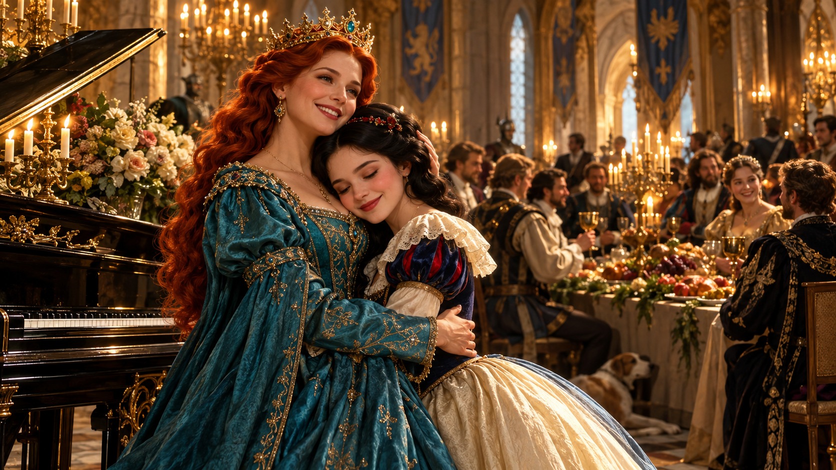 A rainha abraça sua enteada durante o banquete