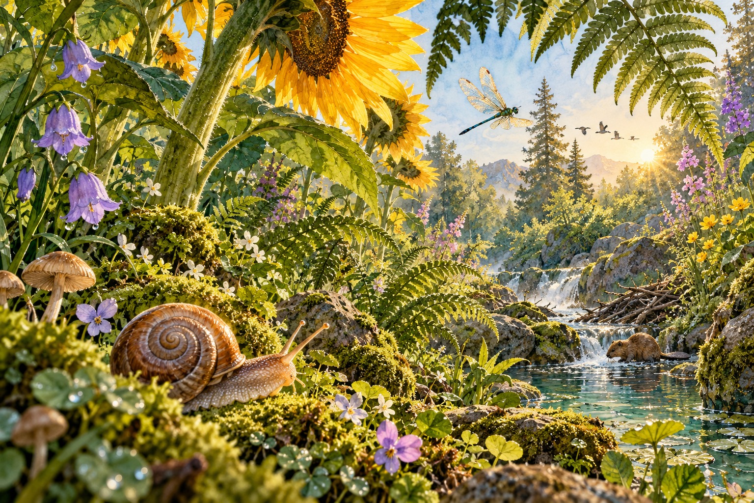O jardim imenso, observado entre o musgo, com girassóis, um caracol e uma libélula