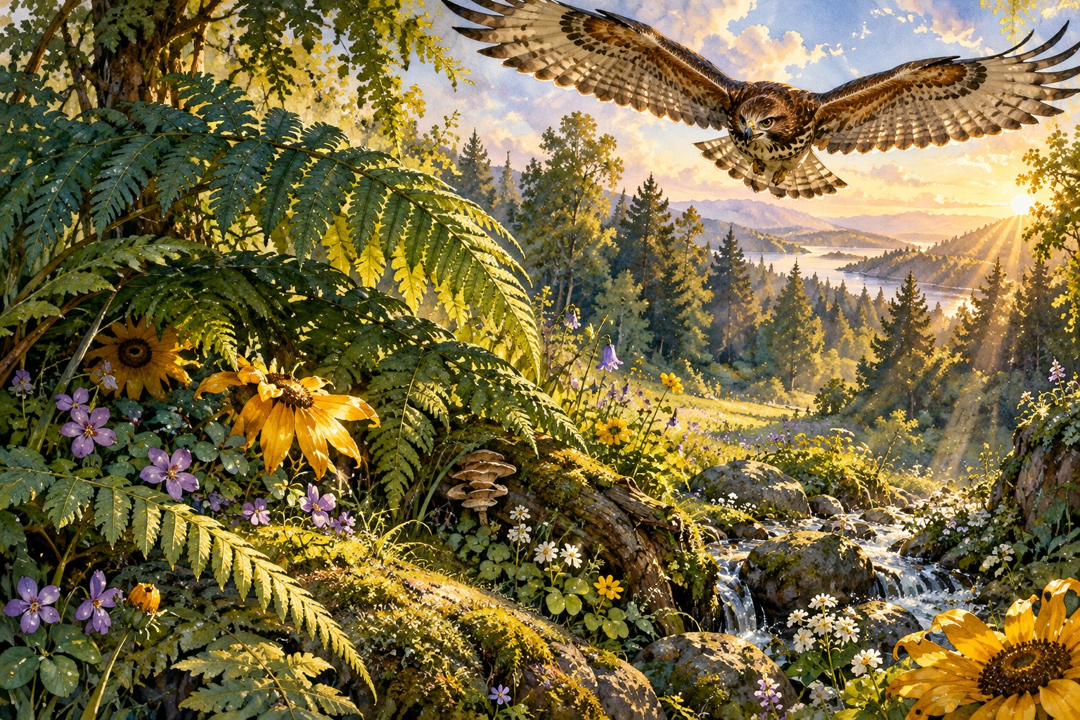 Um gavião se aproxima do jardim visto do alto, entre árvores e folhas