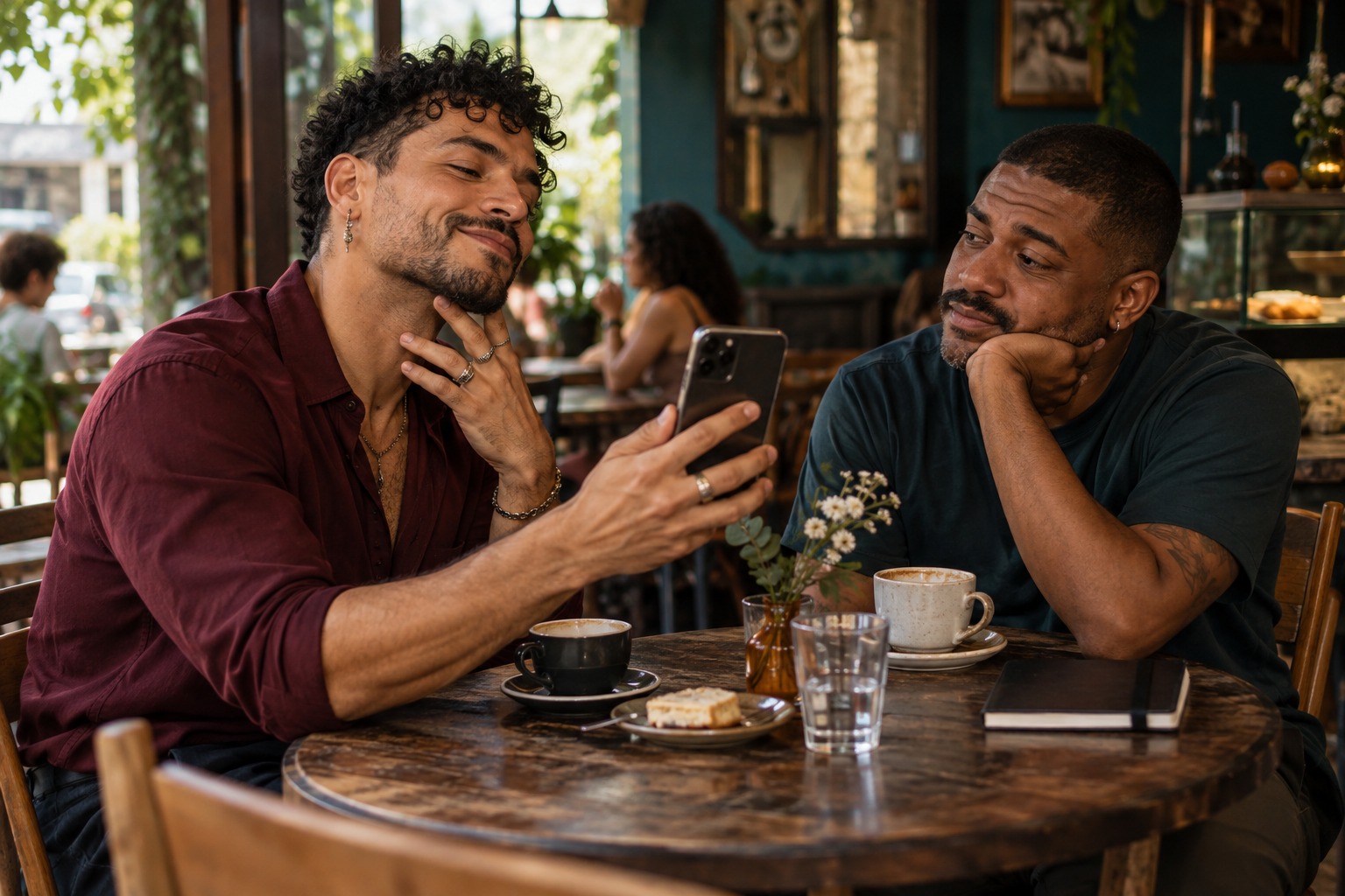 Dois homens num encontro no café: um mostra suas fotos no celular enquanto o outro espera uma conversa.
