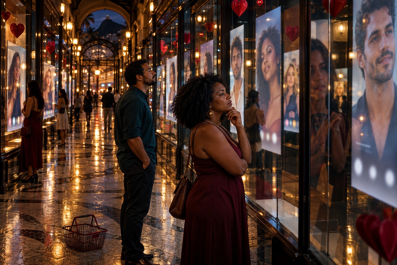 Adultos observam retratos idealizados em vitrines de uma galeria, entre reflexos e possibilidades de encontro.