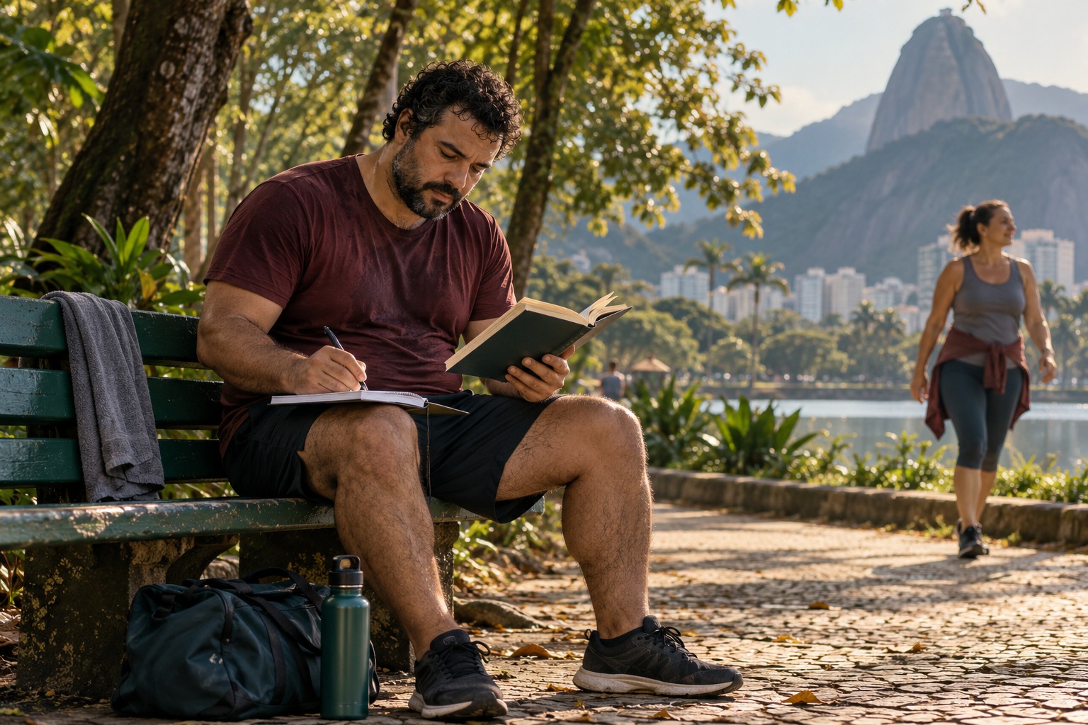 Um homem faz uma pausa no parque entre uma caminhada e a leitura de um livro, com caderno e garrafa de água ao lado.