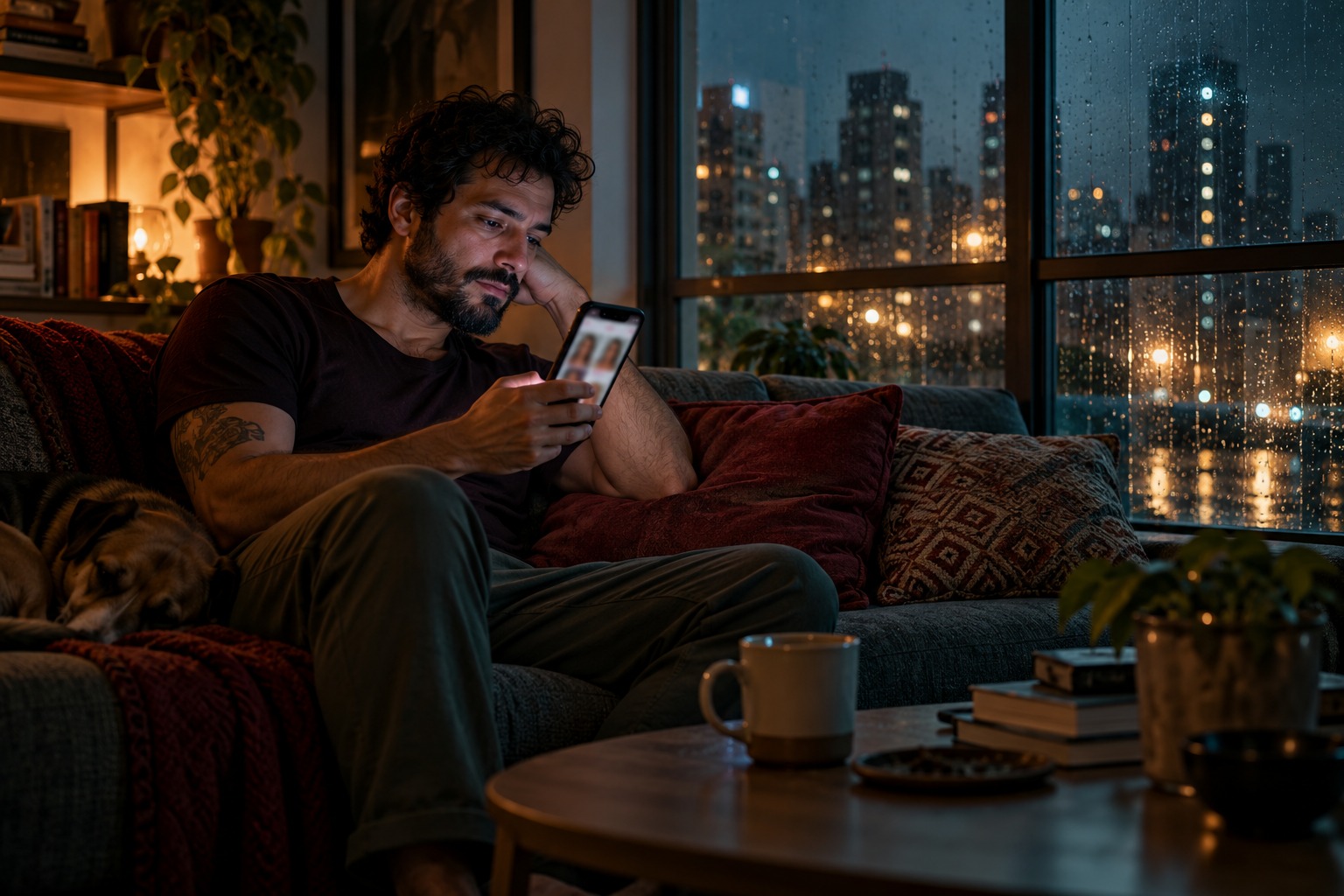 Um homem observa um aplicativo de relacionamento no celular, sozinho em casa numa noite chuvosa.