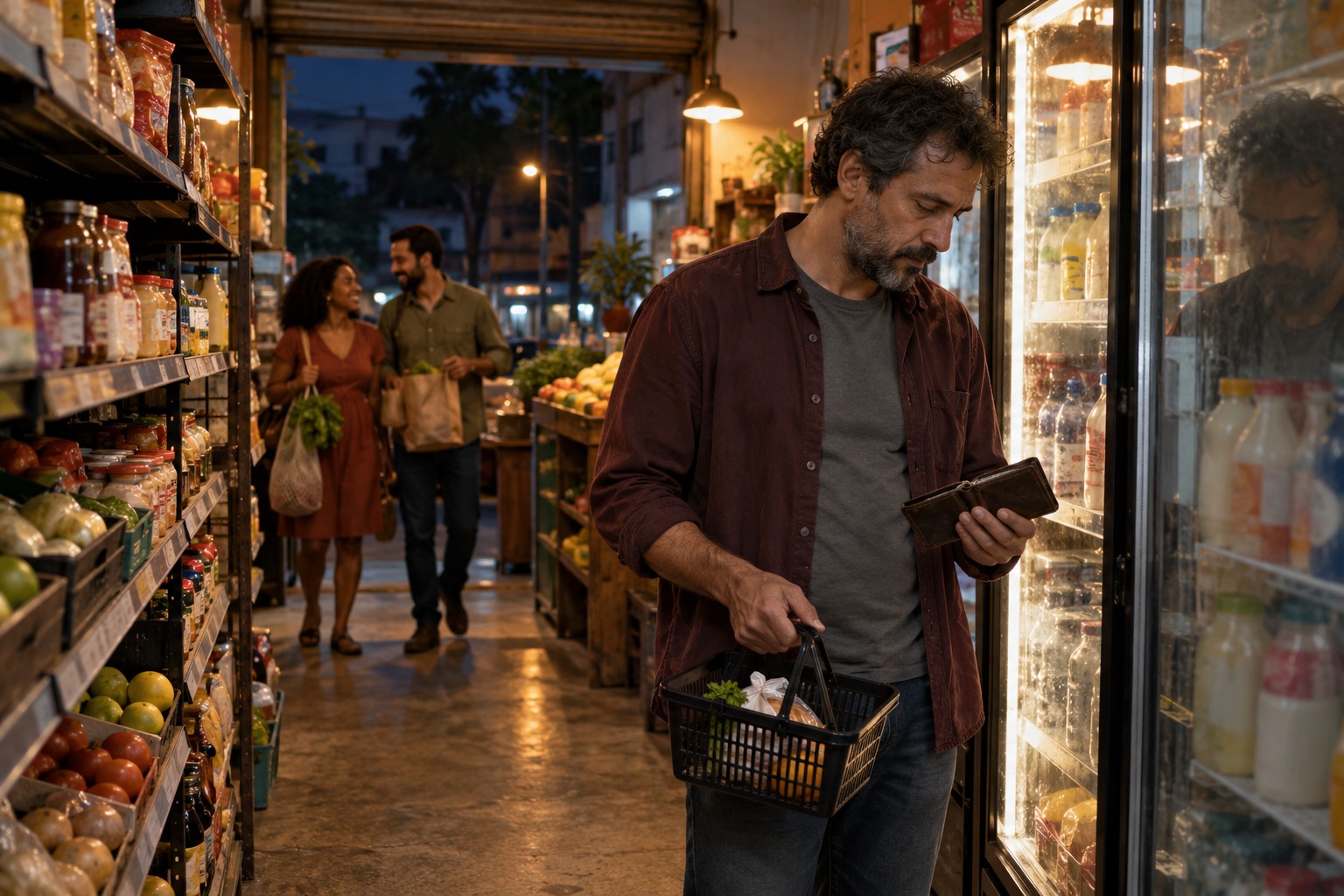 Um homem diante das prateleiras de um mercado observa a carteira e a cesta quase vazia, enquanto um casal conversa ao fundo.