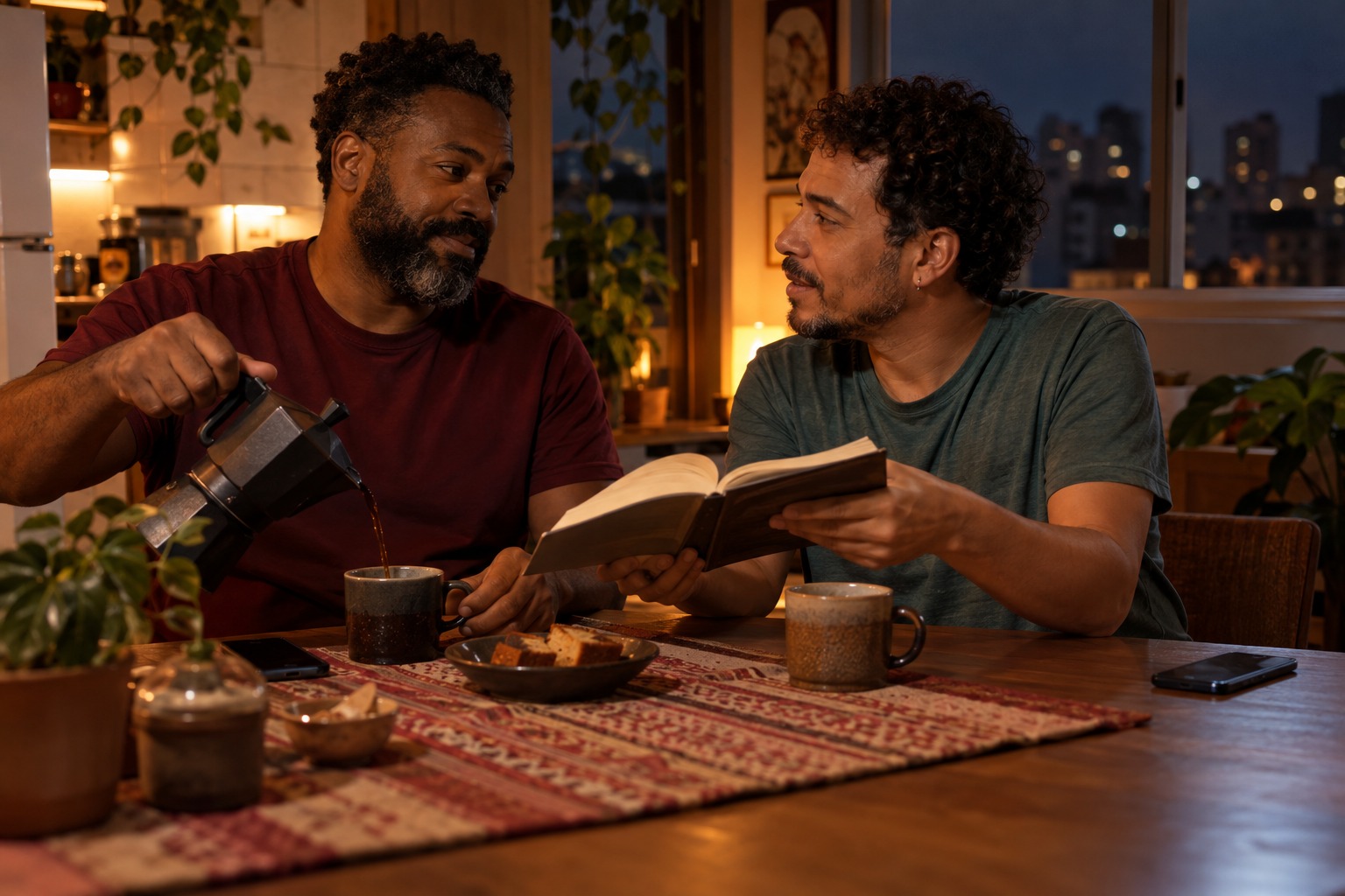 Dois homens conversam com atenção à mesa de uma cozinha, compartilhando café e um livro, com os celulares de lado.