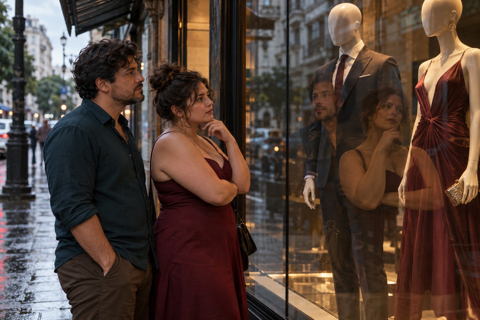 Adultos diante de uma vitrine observam roupas impecáveis enquanto seus rostos aparecem refletidos no vidro.