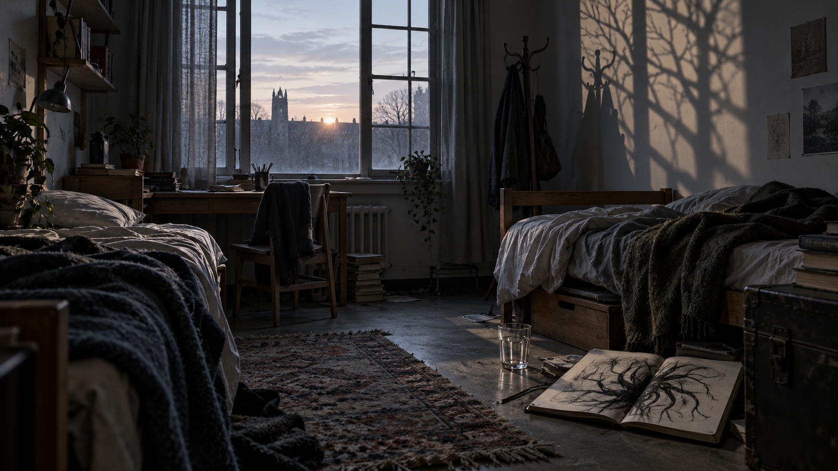 Dormitório ao amanhecer com caderno aberto e sombras ambíguas na parede