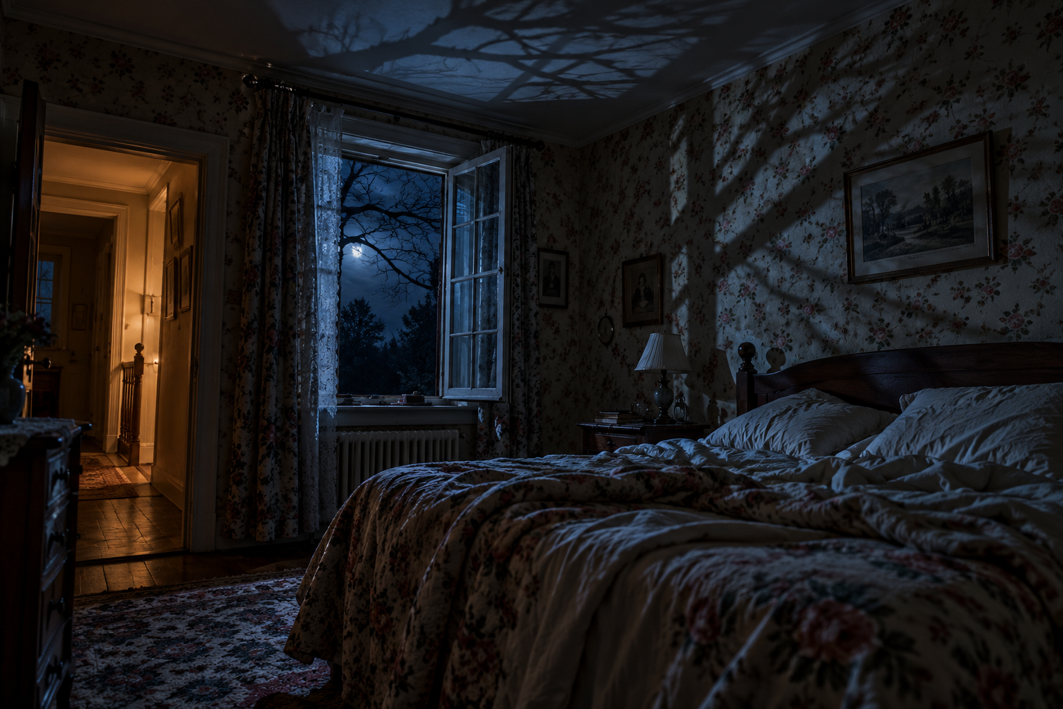 Quarto antigo de uma casa de campo iluminado pela lua, com sombras de galhos nas paredes