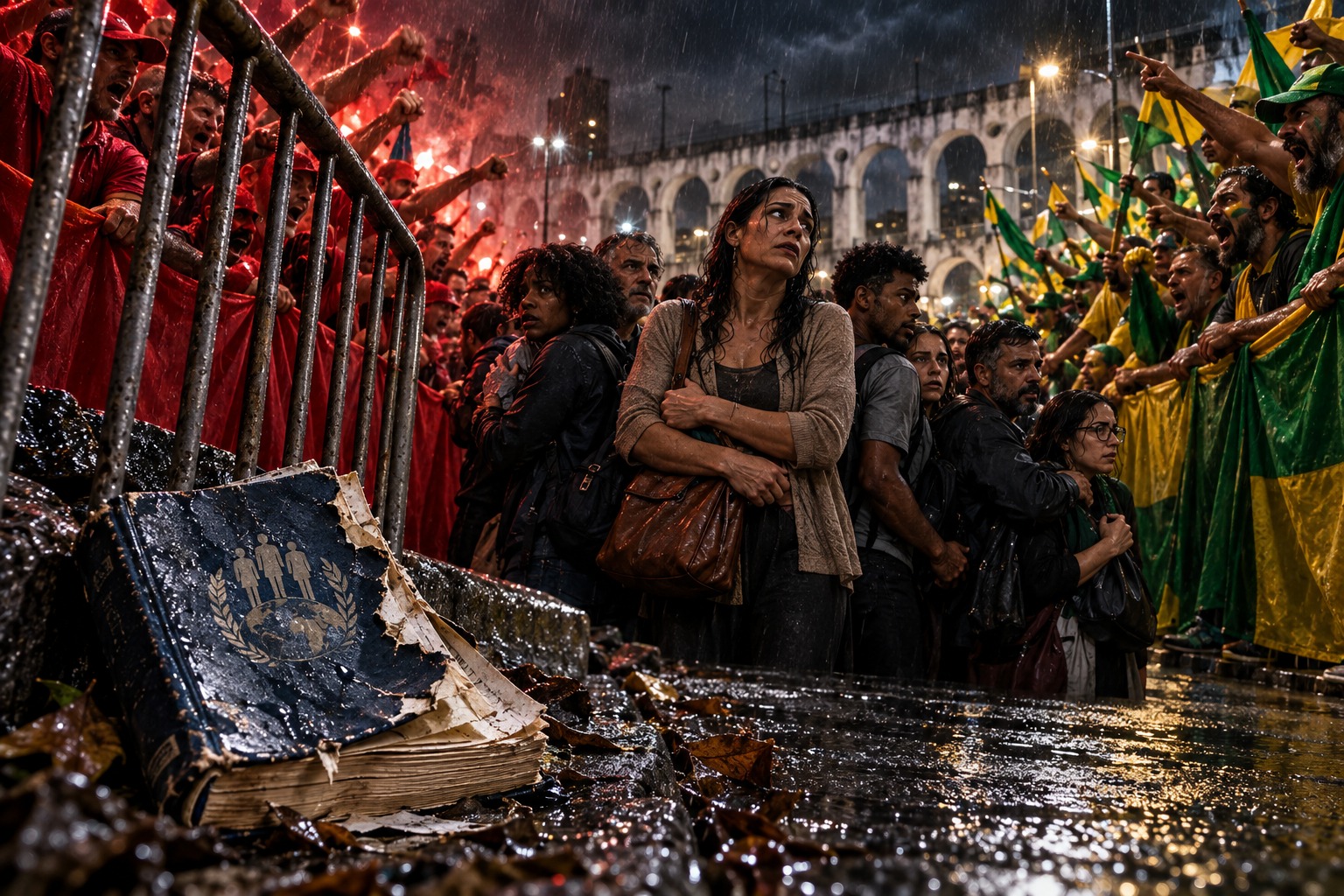 Pessoas acuadas entre duas multidões diante dos Arcos da Lapa; um livro de direitos rasgado está no chão.