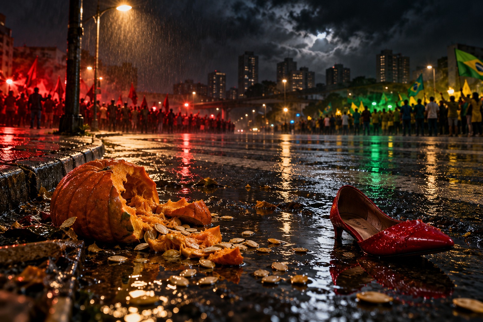 Uma abóbora partida e um sapato vermelho abandonado numa encruzilhada molhada, entre multidões distantes.
