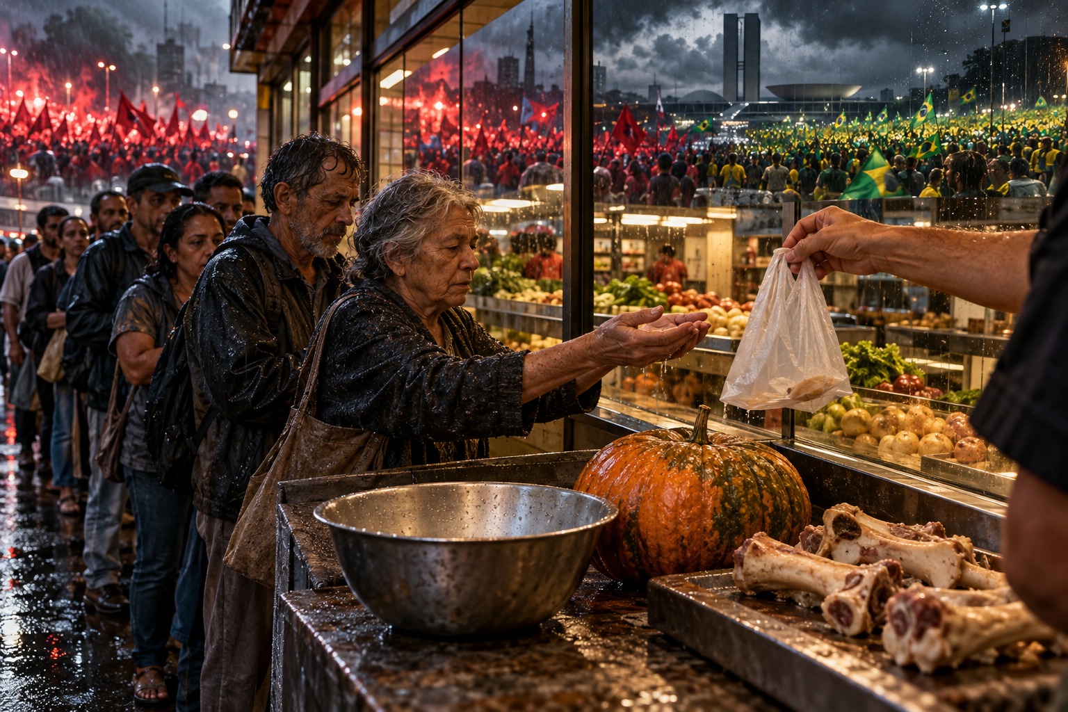 Adultos aguardam na chuva diante de um mercado, com uma tigela vazia, ossos para caldo e uma abóbora.
