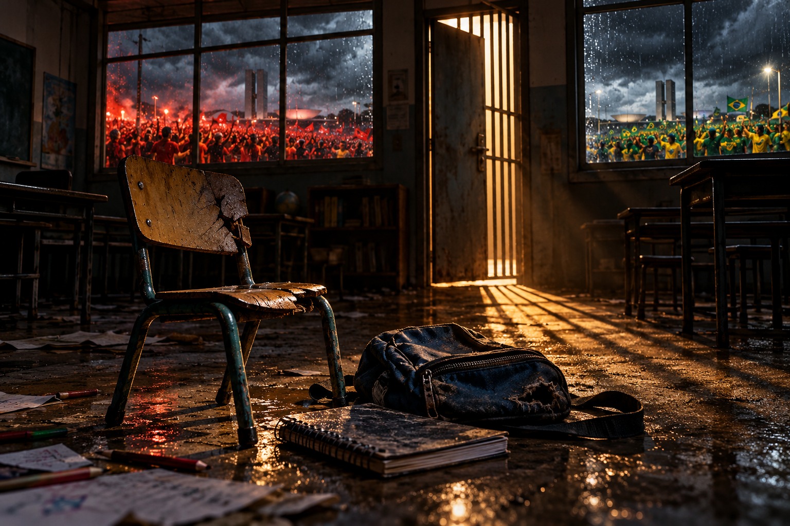 Uma sala de aula vazia, com cadeira quebrada, mochila e livro; as multidões continuam do lado de fora.