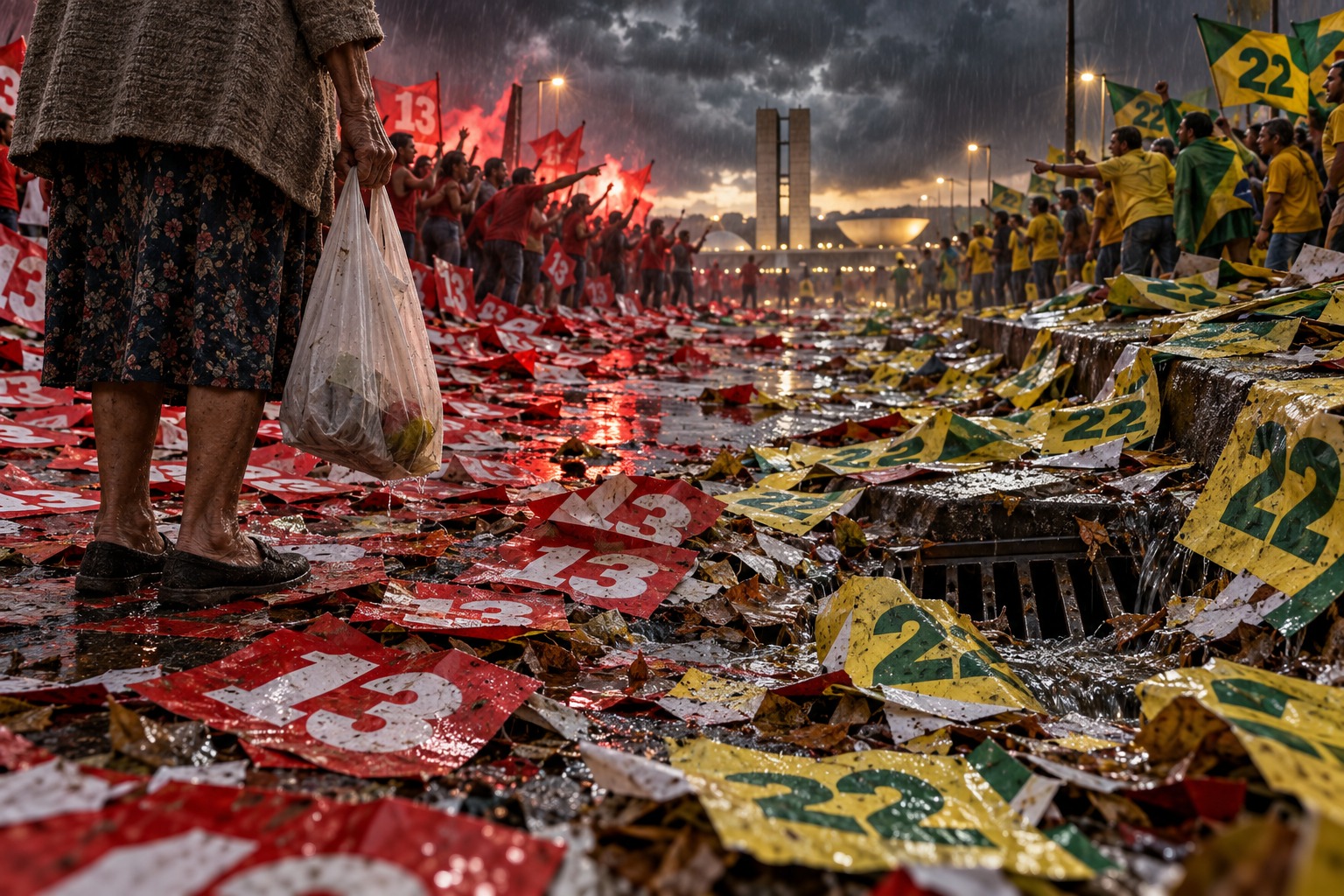 Uma mulher idosa atravessa a rua coberta por propaganda eleitoral vermelha e verde-amarela.