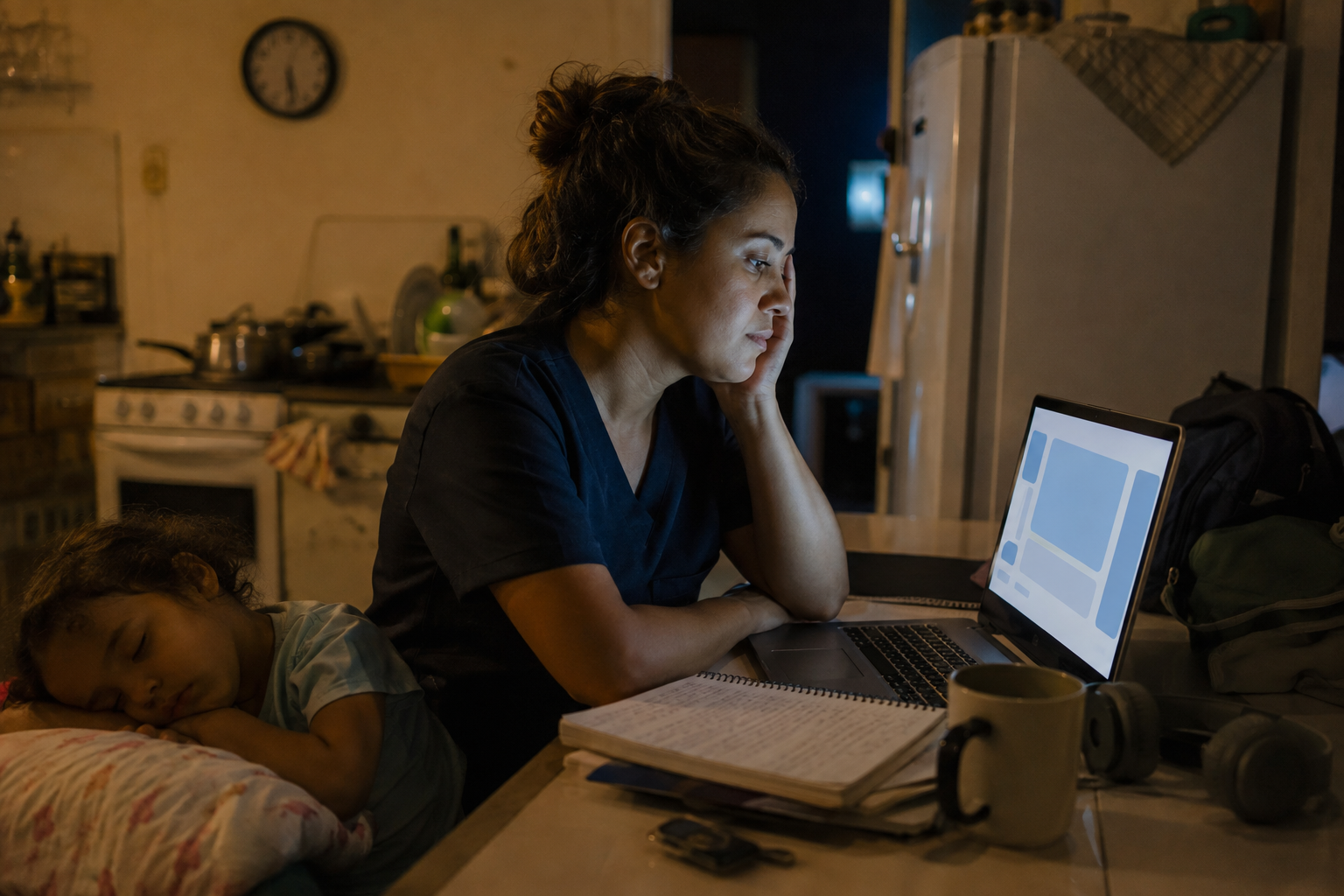 Mãe estudando à noite ao lado da filha adormecida