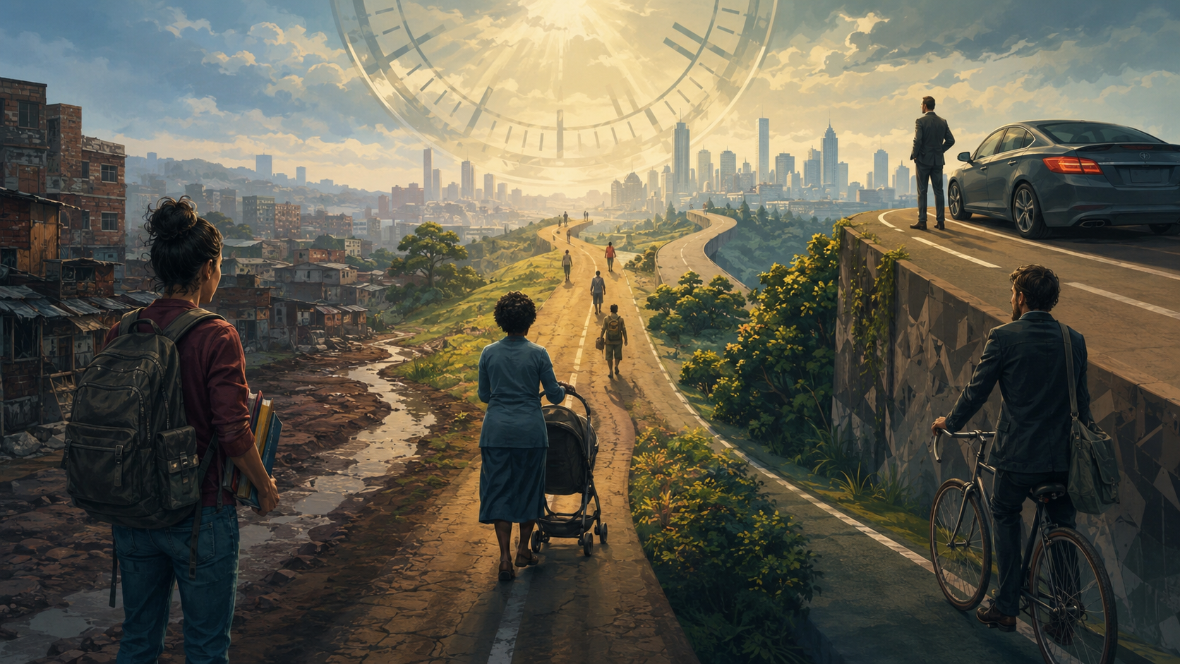 Pessoas partindo de condições sociais diferentes em direção ao futuro
