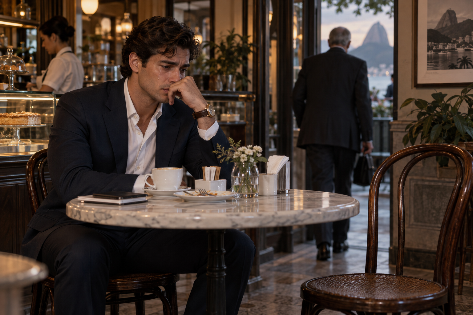 Guilherme permanece sozinho na cafeteria diante da cadeira vazia