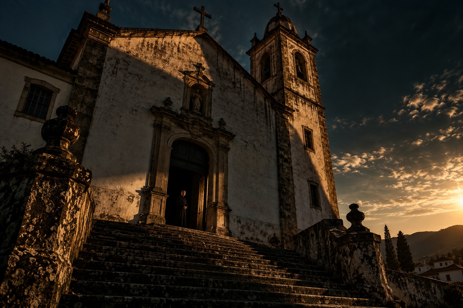 Uma igreja antiga e sua torre ao entardecer, atravessadas por uma sombra profunda
