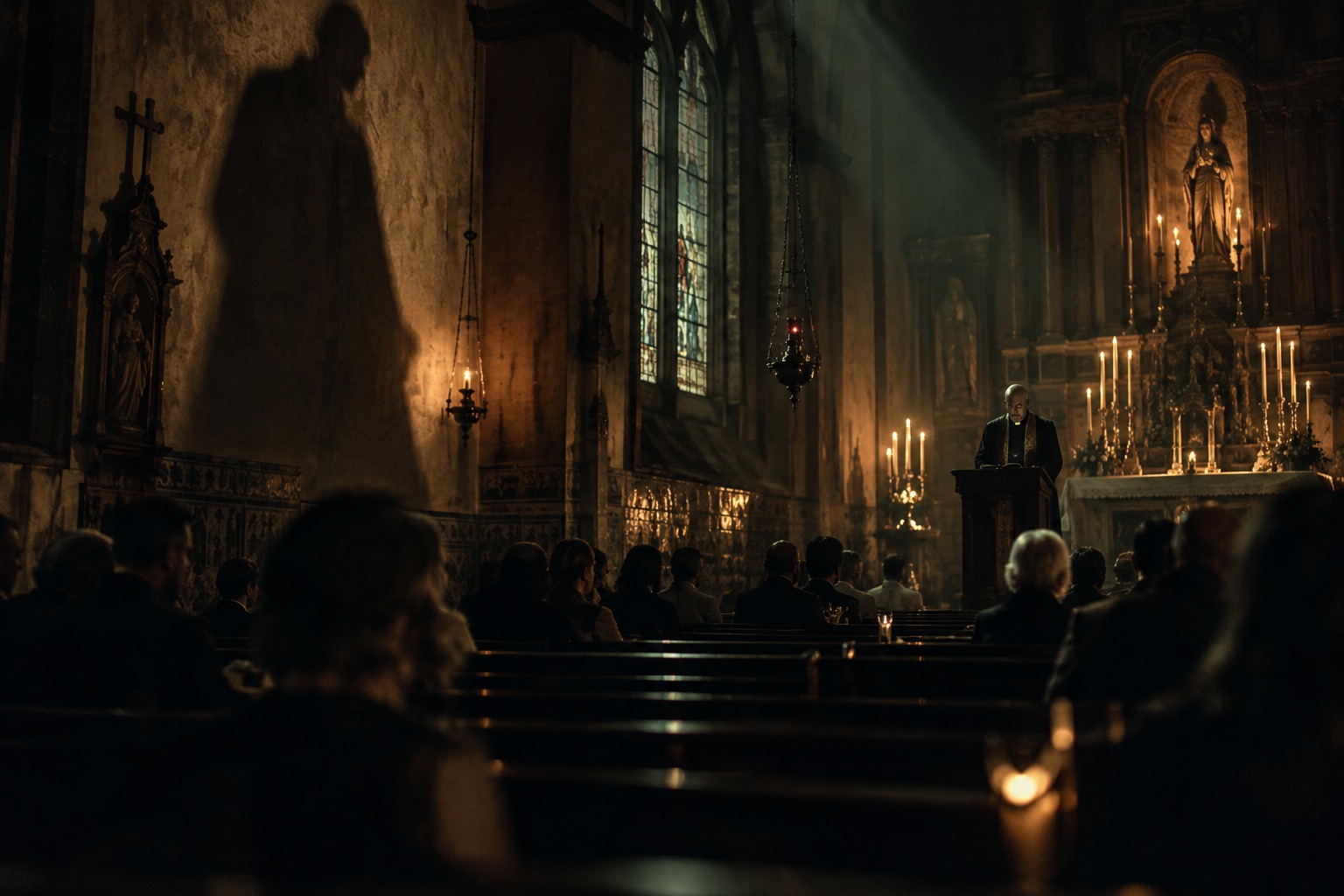 Interior de uma igreja, com um padre no altar e sombras entre os bancos